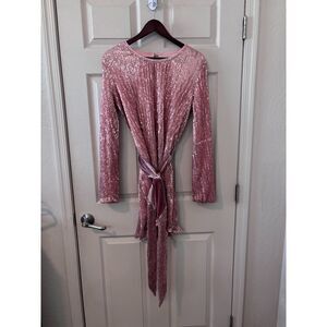 Fashion Nova Pink Sequin Mini Dress Long Sleeve Tie Back Party Dress Large